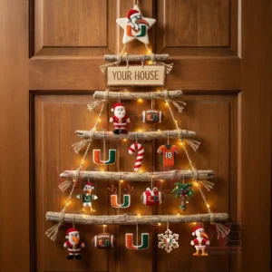 A wooden door displaying a rustic christmas wall tree decorated with miami hurricanes themed ornaments and warm lights.