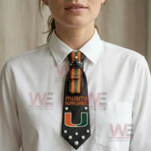 Miami Hurricanes Premium Statement Necktie 3 Miami Hurricanes necktie worn with white shirt showing elegant team inspired fashion style!