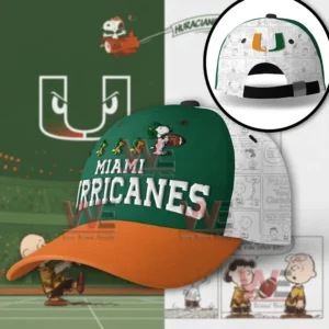 Miami Hurricanes Snoopy Premium Cap hat 4 Front view of Alabama Crimson Tide cap with detailed Snoopy embroidery and bold lettering!
