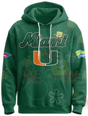 Green hoodie with Miami logo and SpongeBob character printed on the front in a bold sporty style!