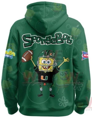 Miami Hurricanes x SpongeBob Limited Edition Hoodie 5 Back of green hoodie showing SpongeBob dressed as a football player with Miami inspired design elements!