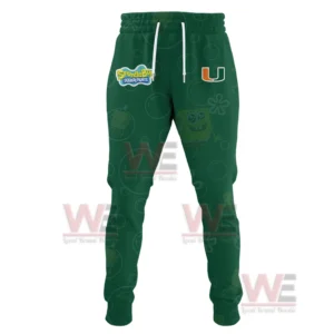 Miami Hurricanes x SpongeBob Limited Edition Hoodie 7 Green jogger pants with SpongeBob patch and Miami logo printed on the fabric!