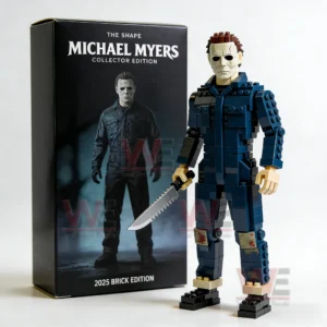 Brick horror character figure with a mask and knife displayed next to a matching collector edition box!