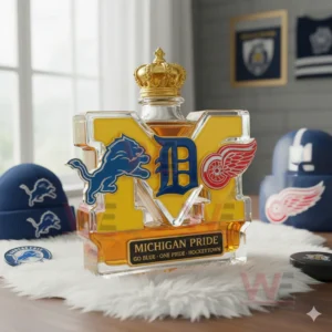 Michigan Pride whiskey bottle with gold crown cap displayed on white fur in a bright team themed interior!