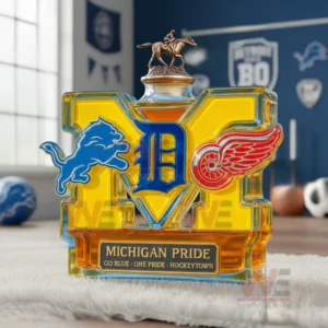 Michigan Pride whiskey bottle with horse figure cap shown on white fur in a blue sports themed space!
