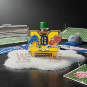 Michigan Pride whiskey bottle with green cap displayed on white fur surrounded by stadium themed props!