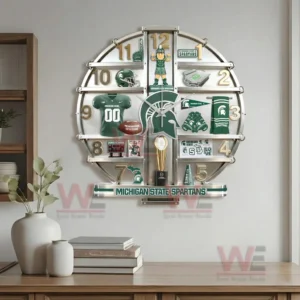 Michigan State Spartans decorative wall clock with bold team identity college football symbols and a strong central emblem designed for dedicated fans!