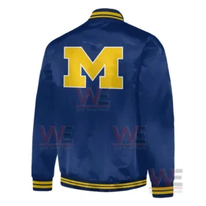Michigan Wolverines football Classic Logo Jacket 5 Back of blue Michigan jacket with large yellow M logo.