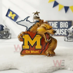 Michigan Wolverines Go Blue Custom Whiskey Bottle 6 Roaring wolverine glass bottle with M emblem on white rug and college celebration background!