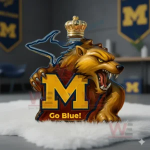 Michigan Wolverines Go Blue Custom Whiskey Bottle 7 Luxury wolverine glass bottle with crown cap and M logo on soft white surface!