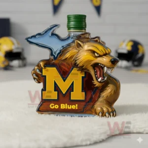 Michigan Wolverines Go Blue Custom Whiskey Bottle 8 Wolverine glass bottle with green cap M logo and Go Blue message on white fur with sports background!