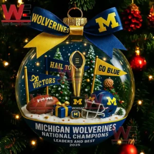 Michigan Wolverines national champions Christmas ornament with trophy football helmet ribbons and festive tree background!