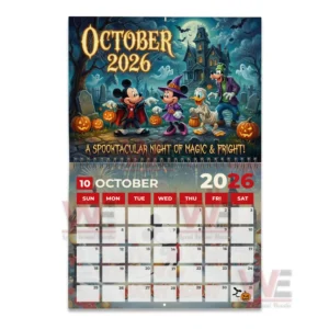 A colorful Halloween illustration with Mickey and friends in costumes exploring a spooky landscape filled with pumpkins mist and a haunted house.