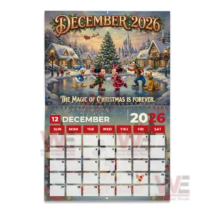 Mickey Mouse 2026 Wall Calendar 7 A festive winter illustration of Mickey and friends ice skating in a snowy village with a bright Christmas tree and decorated houses.