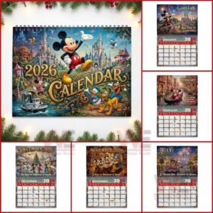 Mickey Mouse 2026 Wall Calendar 9 A grouped display of several illustrated calendar scenes portraying Mickey and friends in different seasonal themes and celebrations.