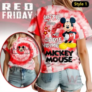 A tie dye shirt showing an animated mouse character with supportive text and flowers on the back!