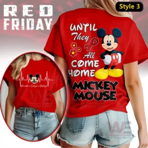 Mickey Mouse Red Friday Until They all Come Home Shirt 6 A red shirt showing an animated mouse character with supportive text and floral accents!