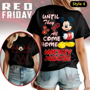 Mickey Mouse Red Friday Until They all Come Home Shirt 7 A black shirt showing an animated mouse character with supportive text and flowers!