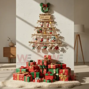 A rustic wooden branch Christmas wall tree decorated with Mickey Mouse themed ornaments hanging above wrapped gifts!