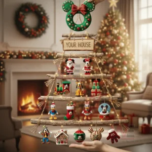 Mickey Mouse Rustic Wall Christmas Tree Ornament 4 A person holding a rustic wooden branch Christmas wall tree decorated with Mickey Mouse themed ornaments in a festive living room!