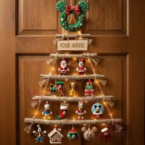 Mickey Mouse Rustic Wall Christmas Tree Ornament 5 A rustic wooden branch Christmas wall tree decorated with Mickey Mouse ornaments and warm lights hanging on a wooden door!