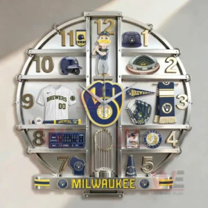 Milwaukee Brewers themed wall clock with mascot and baseball memorabilia arranged in a circle!