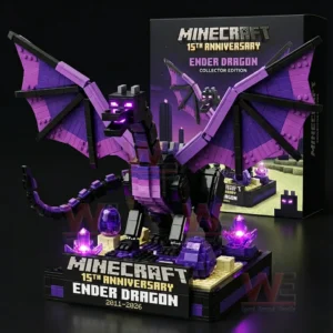 Purple block built dragon figure with wings standing on a display base with glowing crystals and a themed box!