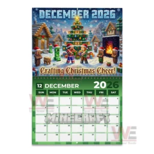 December twenty twenty six Minecraft calendar page showing characters in a snowy village celebrating with a decorated tree and gifts.
