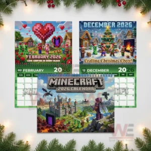 Minecraft 2026 Wall Hanging Calendar 7 Collage of Minecraft twenty twenty six calendar pages showing February December and the main cover.