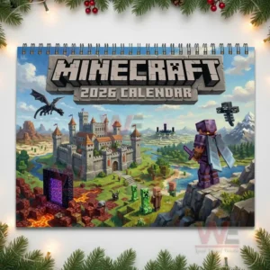 Minecraft 2026 Wall Hanging Calendar 8 Cover of Minecraft twenty twenty six calendar showing a castle landscape creatures and a character in armor.