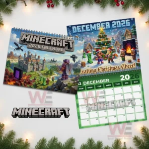 Minecraft 2026 Wall Hanging Calendar 9 Minecraft twenty twenty six calendar cover next to the December page with a snowy festive village scene.