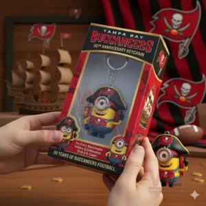 A boxed Tampa Bay Buccaneers anniversary keychain with a playful character design shown clearly through the front window!
