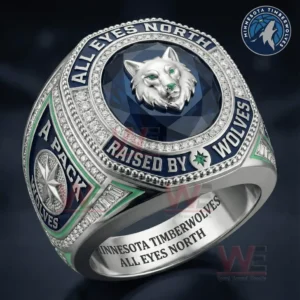 Silver blue Minnesota Timberwolves inspired ring with wolf head emblem gemstones and engraved team phrases viewed in close up detail!