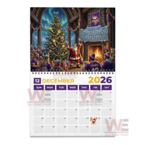 A detailed illustration of a Christmas hall with a lit tree Santa celebrating and Vikings themed decorations throughout the room!