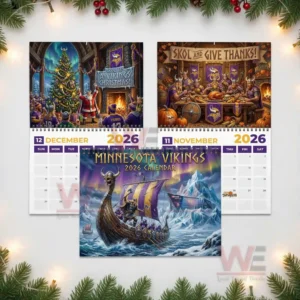 A collage of calendar images featuring Viking holiday illustrations and the primary cover with a ship and snowy landscape!