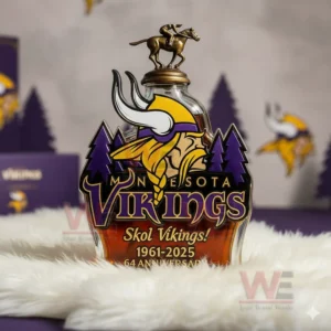 Minnesota Vikings 64th Anniversary Whisky Bottle 5 Vikings whiskey bottle with horse rider topper on white fur and purple background!