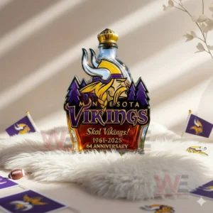 Minnesota Vikings 64th Anniversary Whisky Bottle 6 Vikings themed whiskey bottle on white fur with natural light and team decor!