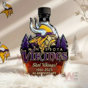 Minnesota Vikings 64th Anniversary Whisky Bottle 7 Modern Vikings whiskey bottle with dark cap on white fur background!