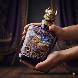 Hands holding a Minnesota Vikings commemorative bottle with Viking head stopper in a ceremonial setting!