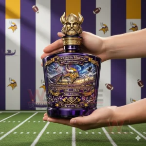 Minnesota Vikings themed anniversary bottle held in hands against a football field and team color background!