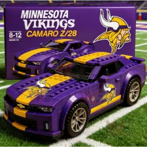 A purple and gold building block Camaro style car with Vikings logos on a football field in front of a Minnesota Vikings themed box!