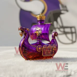 Minnesota Vikings Dragon‑head Ship Custom Whiskey Bottle 7 Purple viking ship whiskey bottle with dragon head design and Minnesota Vikings emblem displayed on a white fur background for collectible presentation!