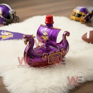 Minnesota Vikings Dragon‑head Ship Custom Whiskey Bottle 5 Viking ship style whiskey bottle in purple with red cap displayed on white fur with football themed background elements!
