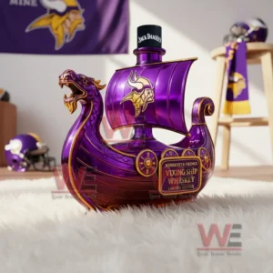 Minnesota Vikings Dragon‑head Ship Custom Whiskey Bottle 6 Purple viking ship whiskey bottle with dragon head and Minnesota Vikings logo displayed indoors on white fur with themed decor!