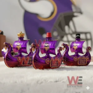 Collection of purple viking ship whiskey bottles with dragon head designs displayed together on white fur for showcase!