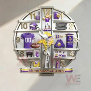 Decorative Minnesota Vikings wall clock designed for fans with bold colors iconic branding and strong football spirit!