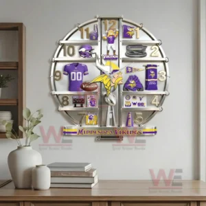 Minnesota Vikings Home Decorative 3D Wall Clock 6 Minnesota Vikings wall clock mounted on a wall adding team pride and energetic atmosphere to the room!