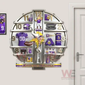 Minnesota Vikings Home Decorative 3D Wall Clock 7 Minnesota Vikings wall clock shown in a living room setting emphasizing loyalty pride and bold interior character!