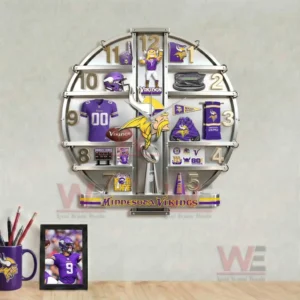 Minnesota Vikings Home Decorative 3D Wall Clock 8 Minnesota Vikings wall clock above a desk forming a dedicated fan inspired workspace with strong team identity!