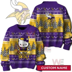 A front and back view of a purple and gold holiday sweater featuring a festive character winter trees decorative patterns and a large viking emblem with customizable name space!